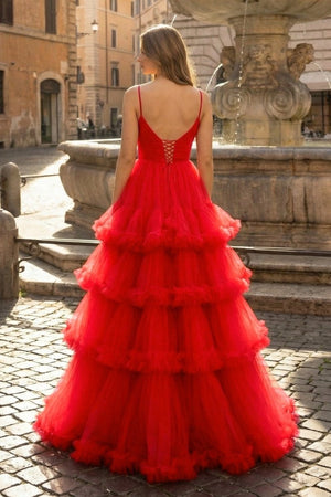 A - line V - Neck Tulle Prom Dress with Tiered Ruffles - KissProm