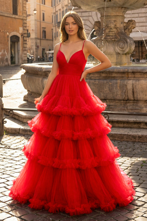KissProm-Red A-line V-Neck Tulle Prom Dress with Tiered Ruffles