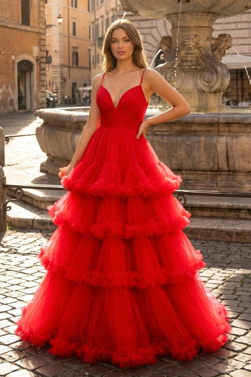 A - line V - Neck Tulle Prom Dress with Tiered Ruffles - KissProm