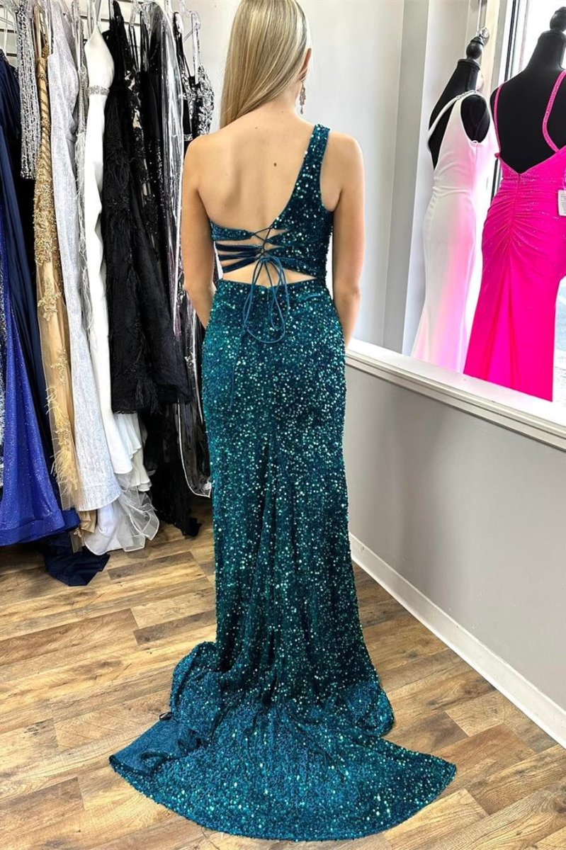 One-Shoulder Turquoise Sequin Keyhole Long Prom Dress with Slit One-Shoulder Turquoise Sequin Keyhole Long Prom Dress with Slit
