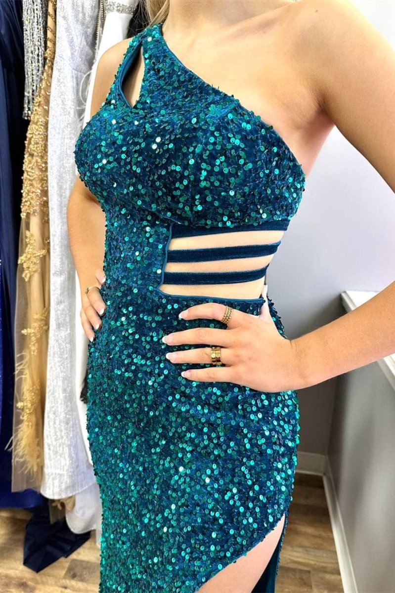 Xaviera | One - Shoulder Turquoise Sequin Keyhole Long Prom Dress with Slit - KissProm
