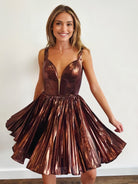 Xeni | Brown - V Neck A-Line Metallic Pleated Short Homecoming Dresses