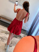 Xeni | Red - V Neck A-Line Metallic Pleated Short Homecoming Dresses