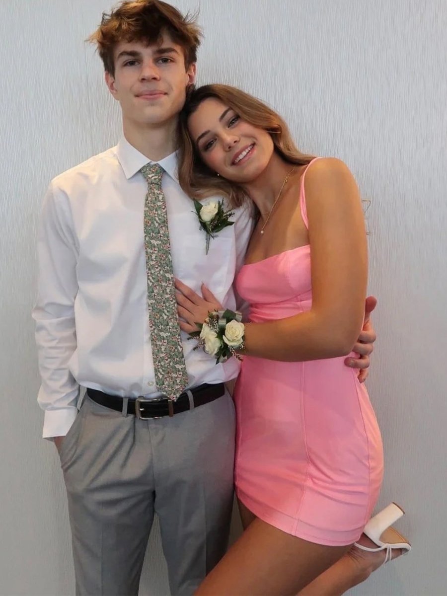 Xenia | Pink - Spaghetti Straps Bodycon Short Satin Homecoming Dresses