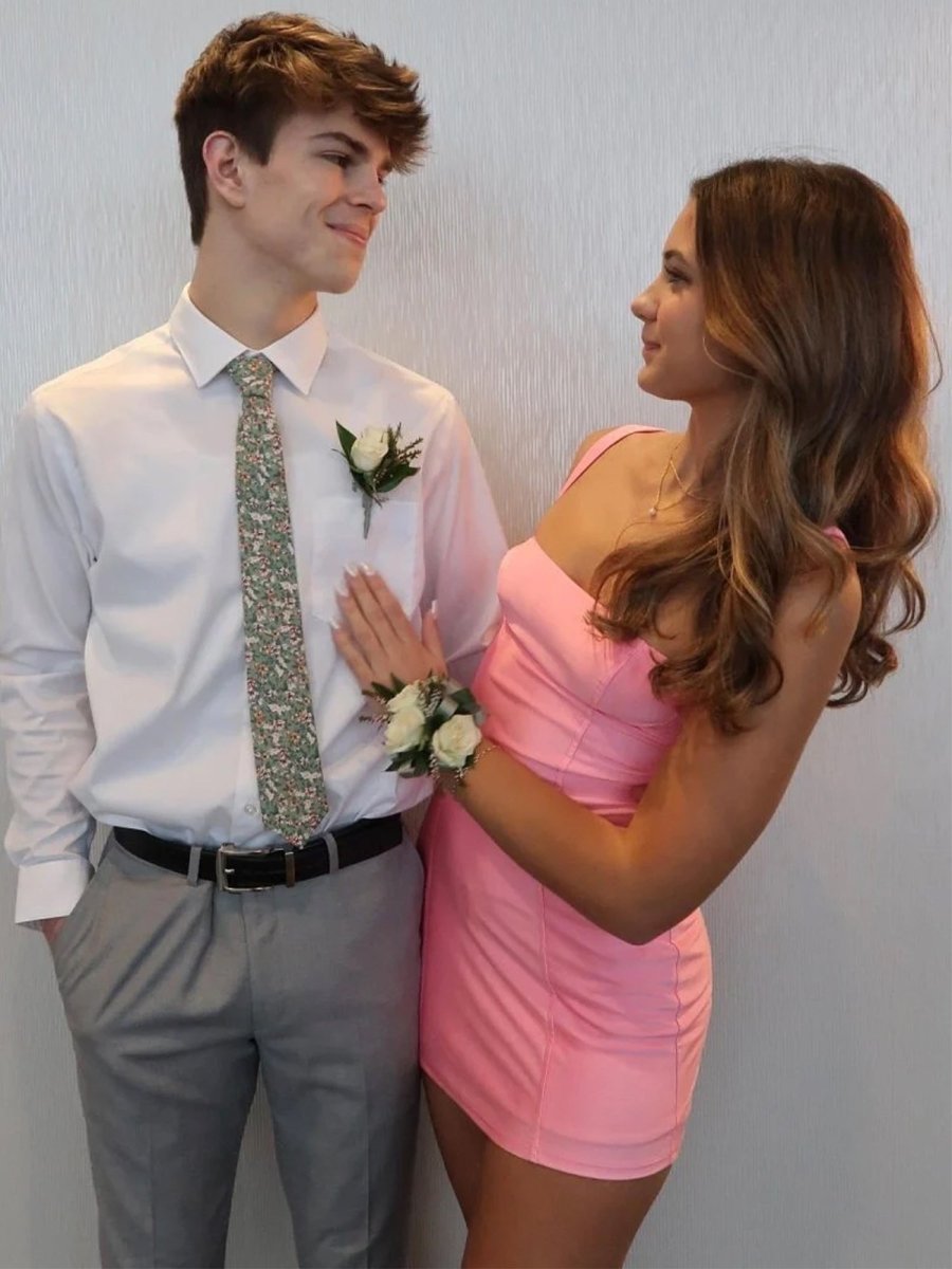 Xenia | Pink - Spaghetti Straps Bodycon Short Satin Homecoming Dresses