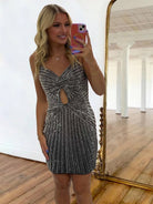 Xyala | Black - Satin Spaghetti Straps Beaded Homecoming Dress With Keyhole