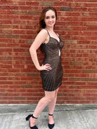 Xyala | Brown - Satin Spaghetti Straps Beaded Homecoming Dress With Keyhole