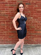 Xyala | Navy Blue - Satin Spaghetti Straps Beaded Homecoming Dress With Keyhole