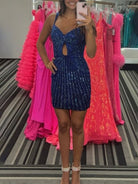 Xyala | Royal Blue - Satin Spaghetti Straps Beaded Homecoming Dress With Keyhole