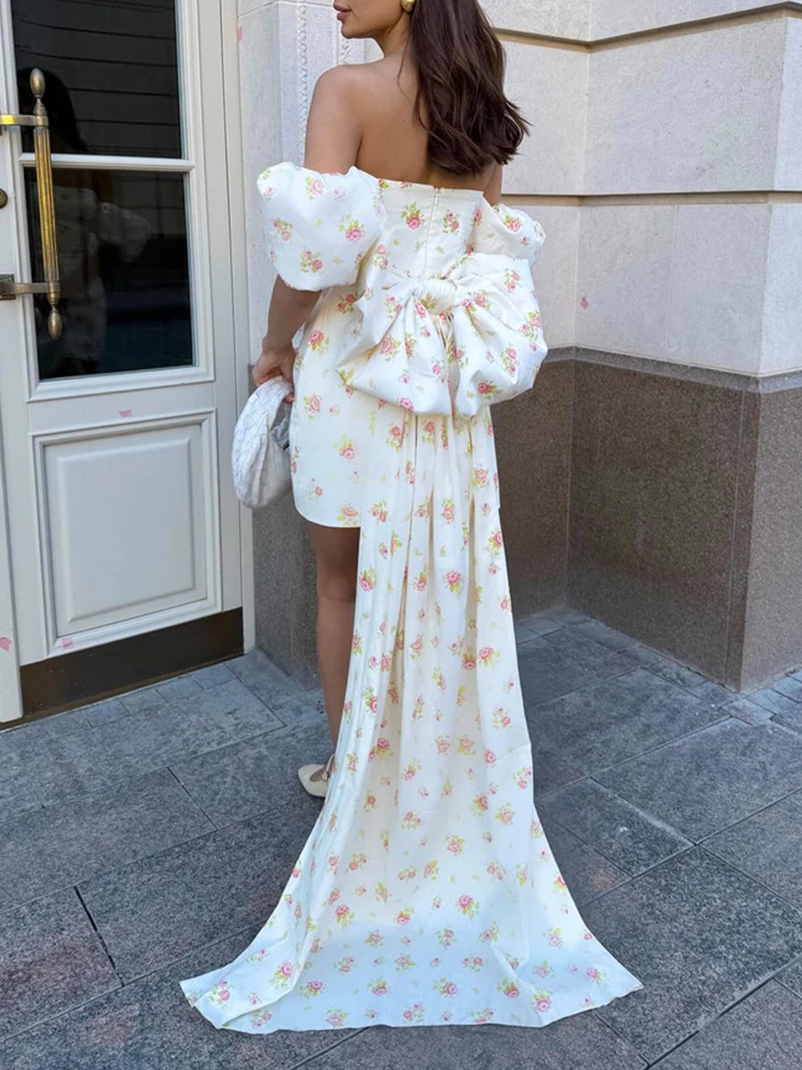 Xylia | Ivory - Sheath Scoop Neck Puffed Sleeves Short Homecoming Dresses With Bow