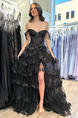 Yaiiua | Black Off the Shoulder Lace Appliques Tiered Prom Dress with Slit - KissProm