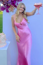 Yamileth | Scoop Neck Pink Sheath Satin Long Prom Dress - KissProm