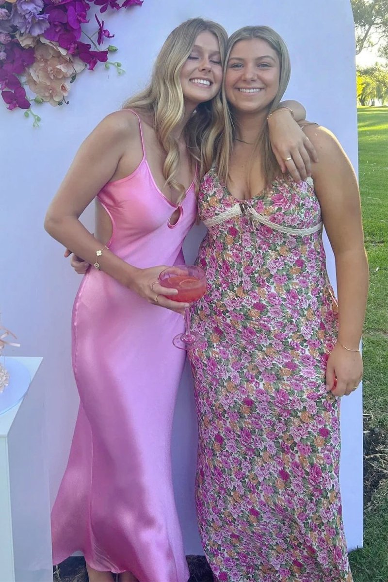 Yamileth | Scoop Neck Pink Sheath Satin Long Prom Dress - KissProm