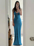 KissProm-Yamileth Scoop Neck Teal Sheath Satin Long Prom Dress