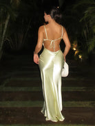 KissProm-Yamileth Scoop Neck Yellow Sheath Satin Long Prom Dress