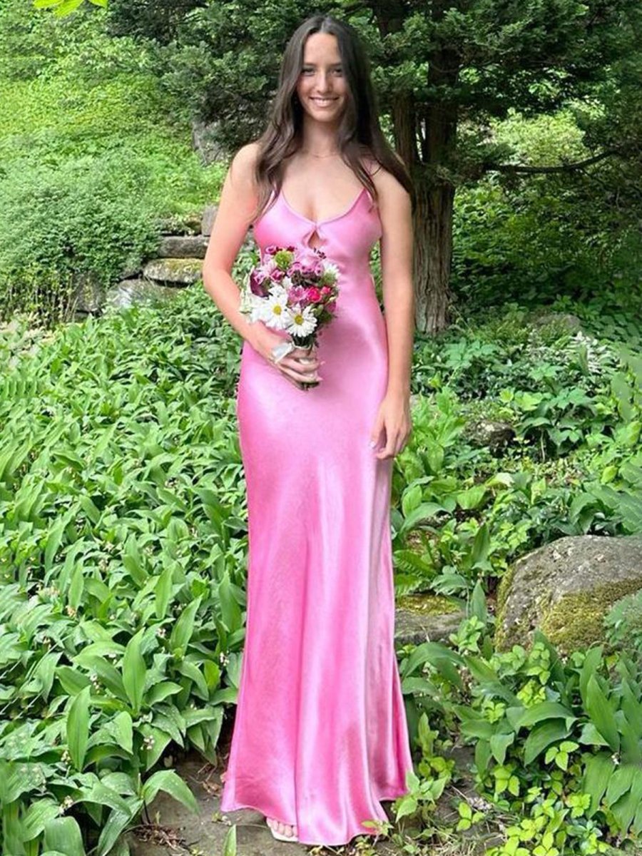 KissProm-Yamileth Scoop Neck Pink Sheath Satin Long Prom Dress