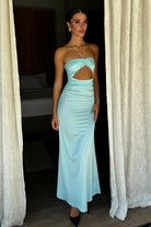 Yamuna | Aqua - Halter Sheath Satin Pleated Long Prom Dresses With Cutout - KissProm