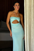 Yamuna | Aqua - Halter Sheath Satin Pleated Long Prom Dresses With Cutout - KissProm