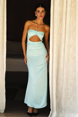 Yamuna | Aqua - Halter Sheath Satin Pleated Long Prom Dresses With Cutout - KissProm