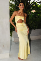 Yamuna | Yellow - Halter Sheath Satin Pleated Long Prom Dresses With Cutout - KissProm