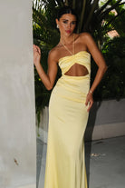Yamuna | Yellow - Halter Sheath Satin Pleated Long Prom Dresses With Cutout - KissProm