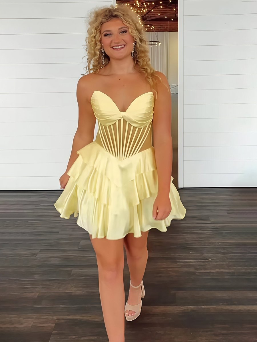 white christmas dresses A-Line Ruffled Yellow Strapless Corset Short Homecoming Dress – FancyVestido main image 1