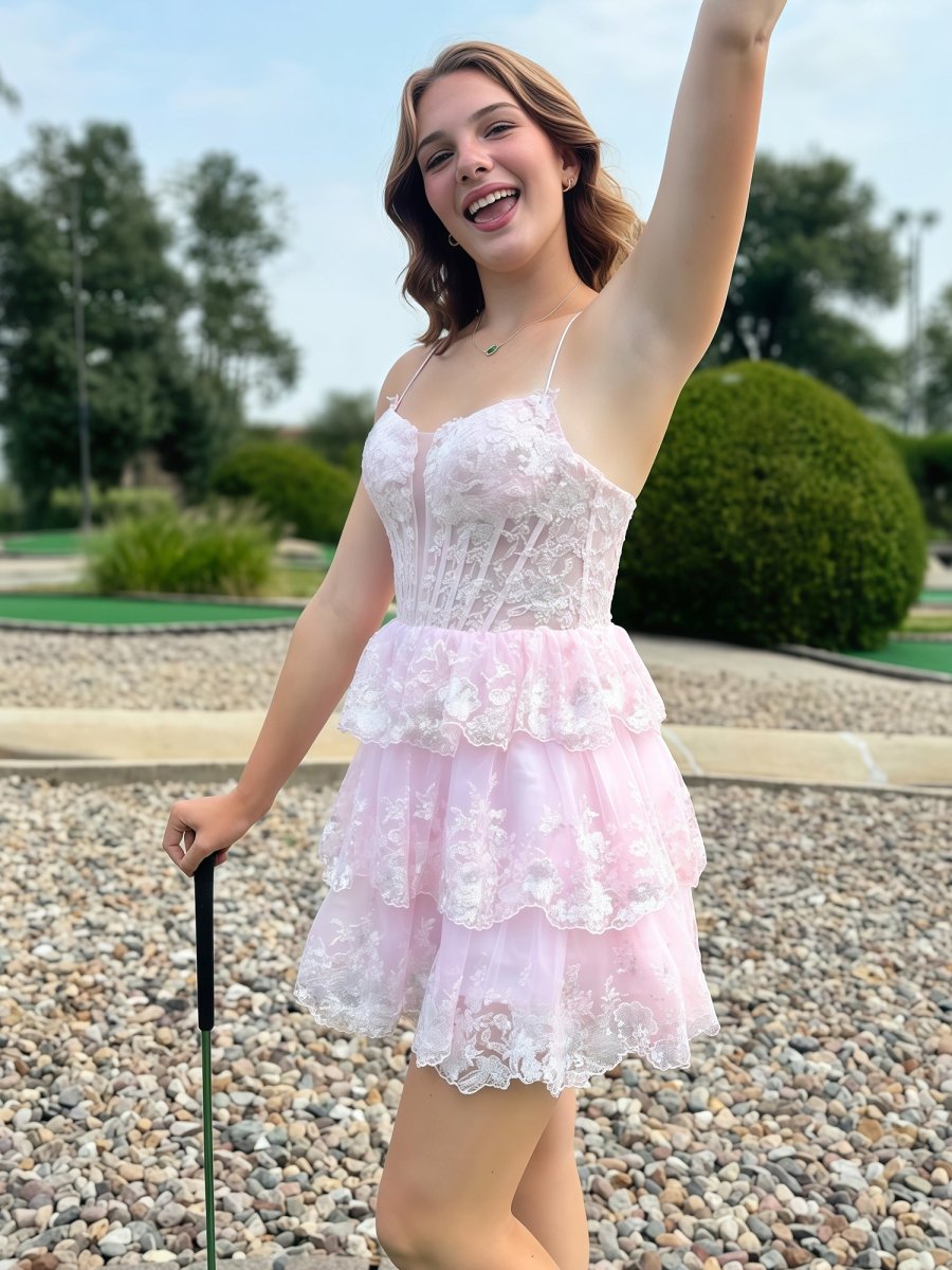 Yarael | Pink - Spaghetti Straps A-Line Tulle Ruffle Tiered Homecoming Dresses With Appliques