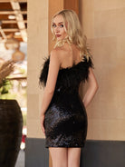 Yarah  |Sheath One Shoulder Blue Sequins Homecoming Dress with Feather
