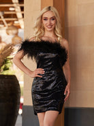 Yarah  |Sheath One Shoulder Blue Sequins Homecoming Dress with Feather