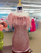 Yarah  |Sheath One Shoulder Blue Sequins Homecoming Dress with Feather