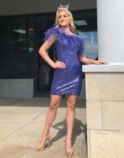 Yarah  |Sheath One Shoulder Blue Sequins Homecoming Dress with Feather