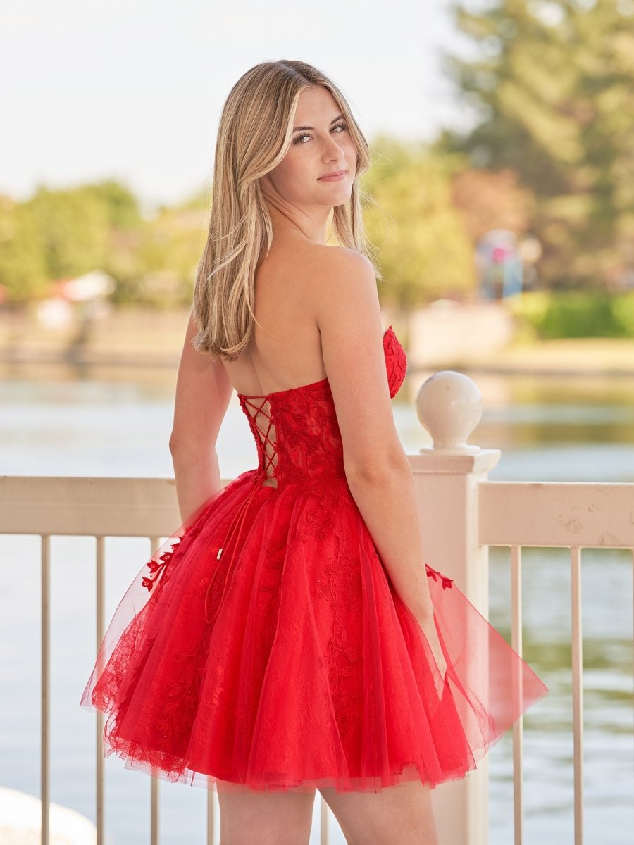 Yasmin | A - line Red Sweetheart Appliques Lace Homecoming Dress With Corset Back - KissProm