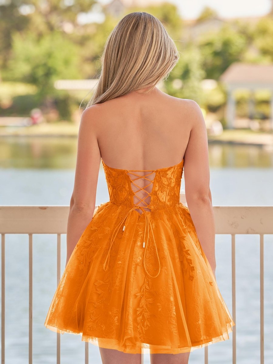 Yasmin | A - line Red Sweetheart Appliques Lace Homecoming Dress With Corset Back - KissProm