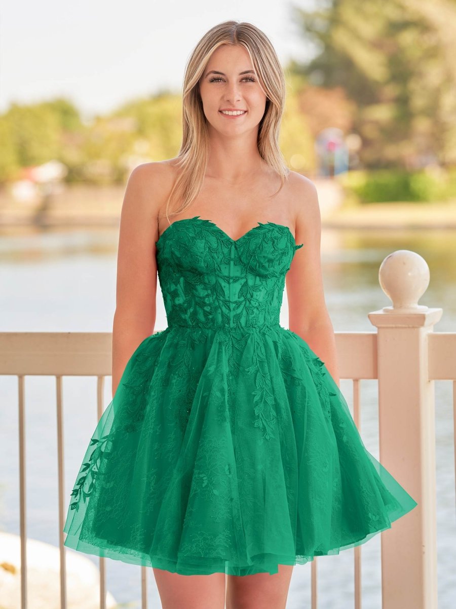 Yasmin | A - line Red Sweetheart Appliques Lace Homecoming Dress With Corset Back - KissProm