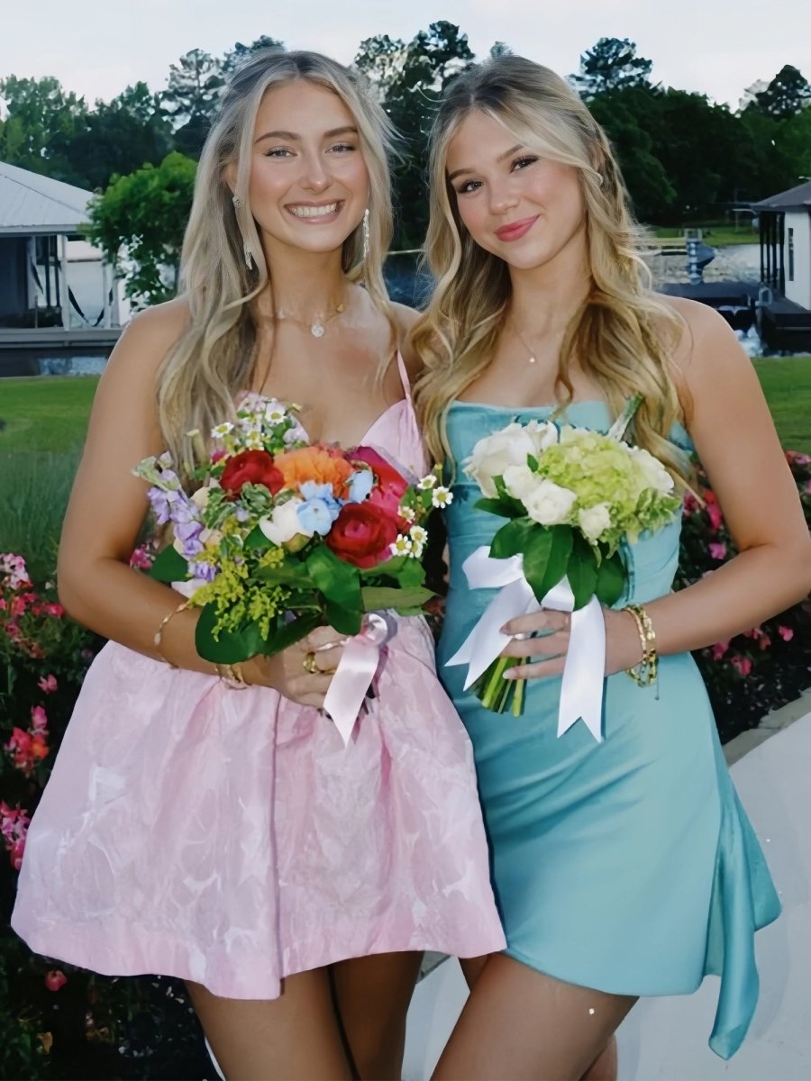 Yavanna | Aqua - Strapless Sheath Irregular Hem Satin Short Homecoming Dress