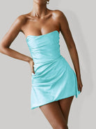Yavanna | Aqua - Strapless Sheath Irregular Hem Satin Short Homecoming Dress
