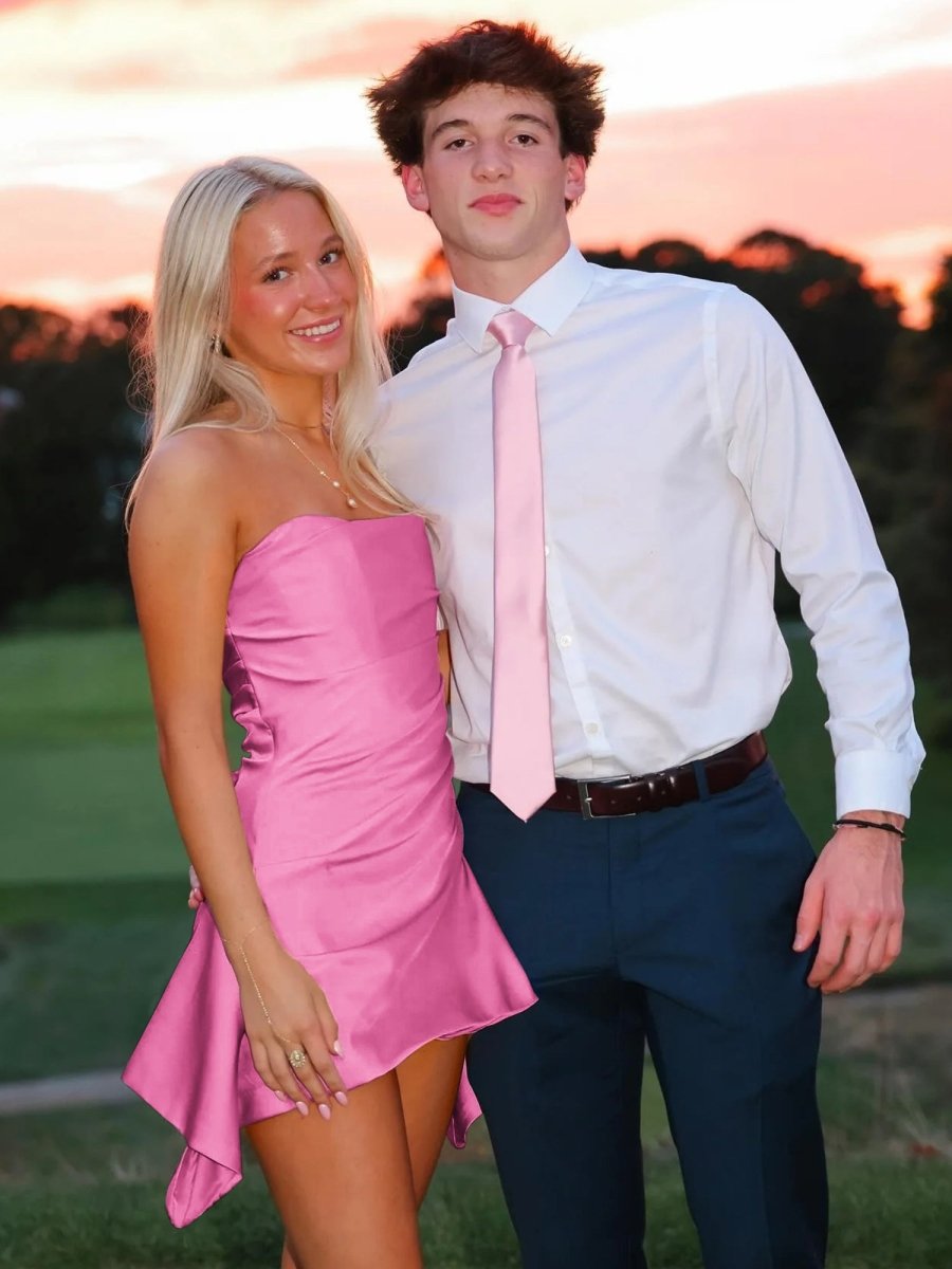 Yavanna | Hot Pink - Strapless Sheath Irregular Hem Satin Short Homecoming Dress