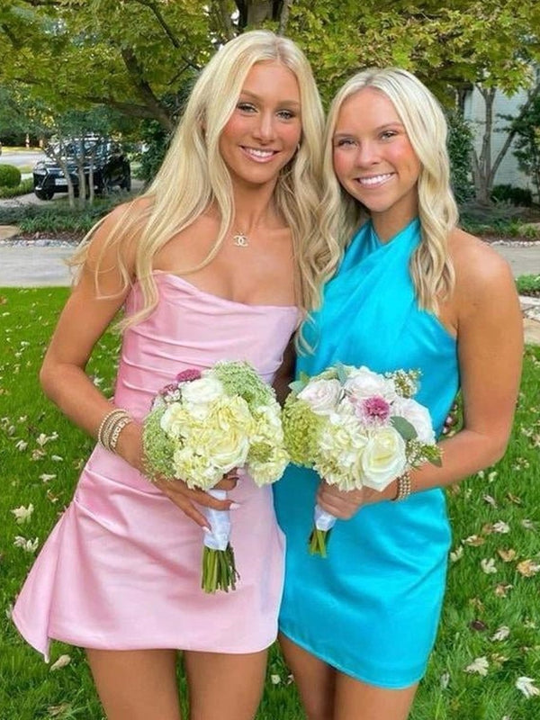 Pink - Strapless Sheath Irregular Hem Satin Short Homecoming & Cocktail Dress – Homecoming Dress by KissProm | Available at KissProm