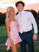 Pink - Strapless Sheath Irregular Hem Satin Short Homecoming & Cocktail Dress – Homecoming Dress by KissProm | Available at KissProm