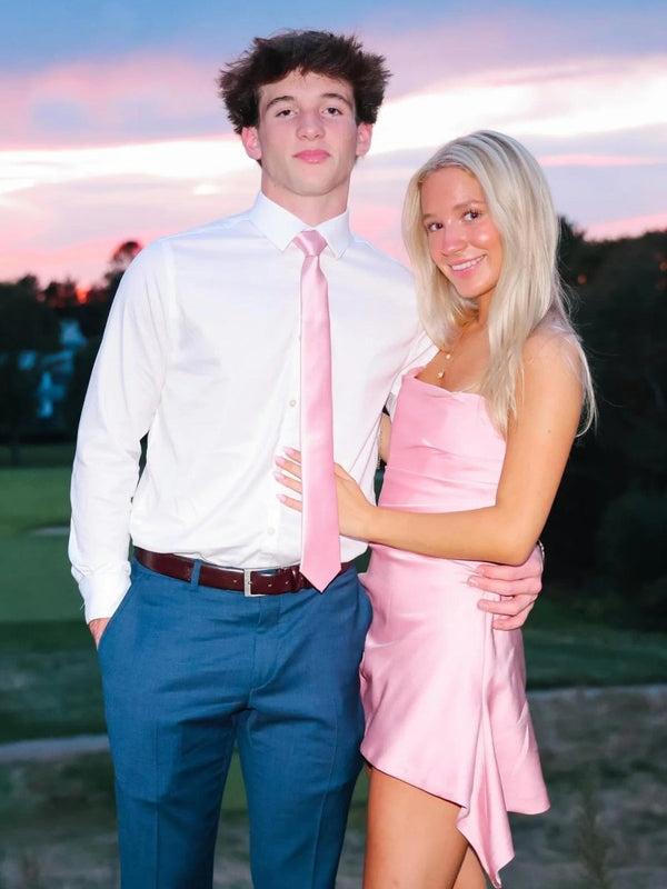 Pink - Strapless Sheath Irregular Hem Satin Short Homecoming & Cocktail Dress – Homecoming Dress by KissProm | Available at KissProm