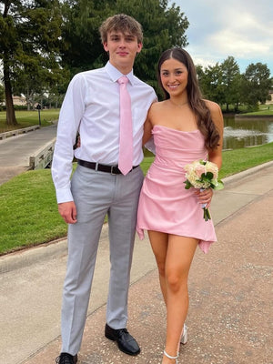 Pink - Strapless Sheath Irregular Hem Satin Short Homecoming & Cocktail Dress – Homecoming Dress by KissProm | Available at KissProm
