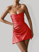 Yavanna | Red - Strapless Sheath Irregular Hem Satin Short Homecoming Dress