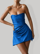 Yavanna | Royal Blue - Strapless Sheath Irregular Hem Satin Short Homecoming Dress