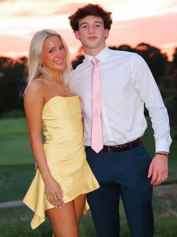 Yavanna | Yellow - Strapless Sheath Irregular Hem Satin Short Homecoming Dress