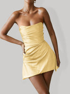 Yavanna | Yellow - Strapless Sheath Irregular Hem Satin Short Homecoming Dress