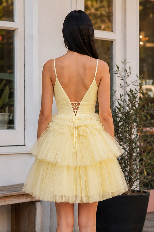 Layla | A-Line Deep V Neck Tiered Short Homecoming Dress