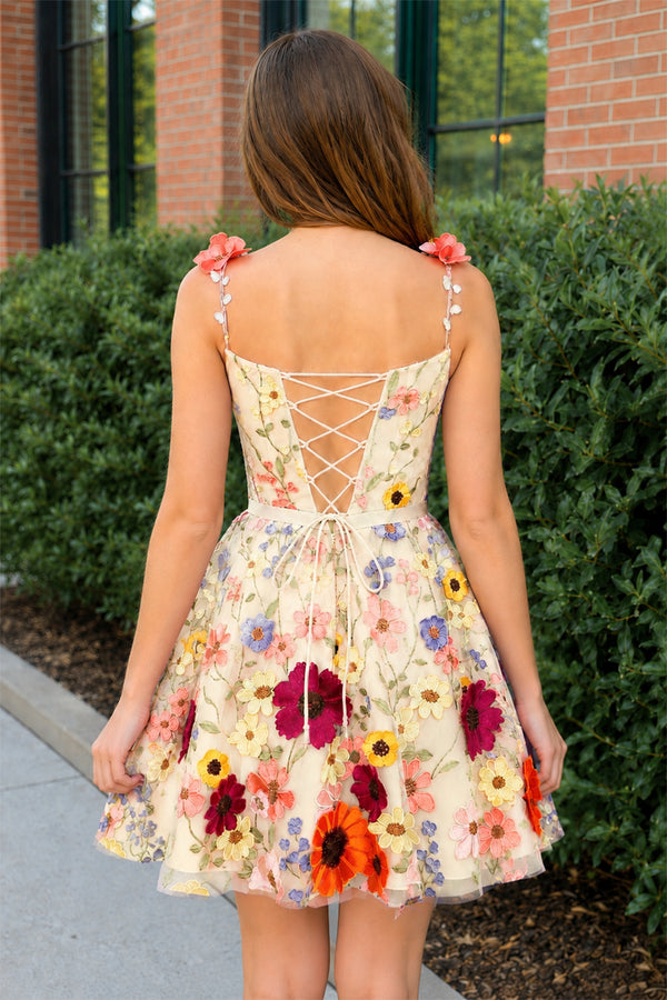 Yellow A Line Floral Short Homecoming Dress With 3D Flowers (2) | KISSPROM