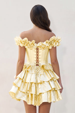 Yellow A-Line Off-the-Shoulder Corset Ruffle Tiered Homecoming Dress (2) | KISSPROM