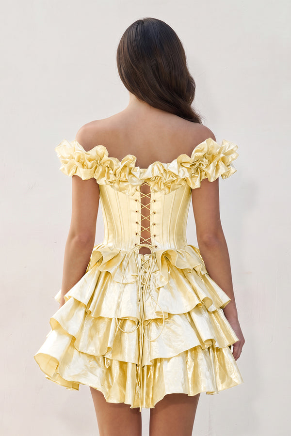 Yellow A-Line Off-the-Shoulder Corset Ruffle Tiered Homecoming Dress (2) | KISSPROM