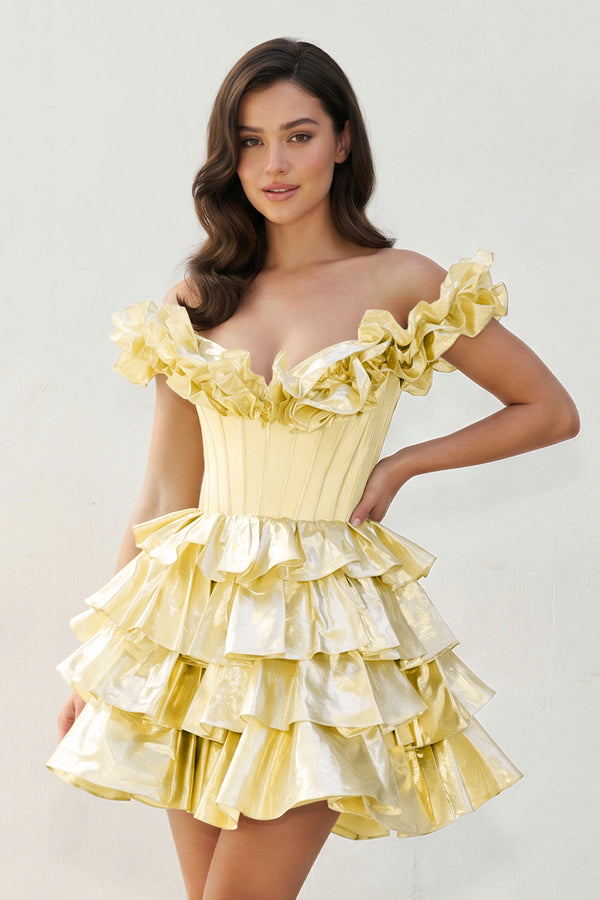 Yellow A-Line Off-the-Shoulder Corset Ruffle Tiered Homecoming Dress | KISSPROM